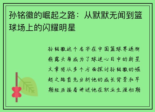 孙铭徽的崛起之路：从默默无闻到篮球场上的闪耀明星